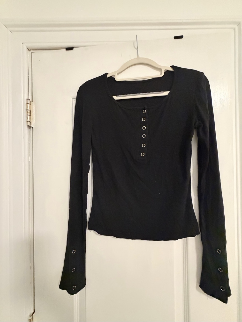 Black Long-Sleeve Henley Top with Eyelet Detail